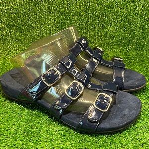 Vionic Misa Navy Blue patent leather slip-on sandals